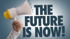 "The Future is Now!" with a megaphone